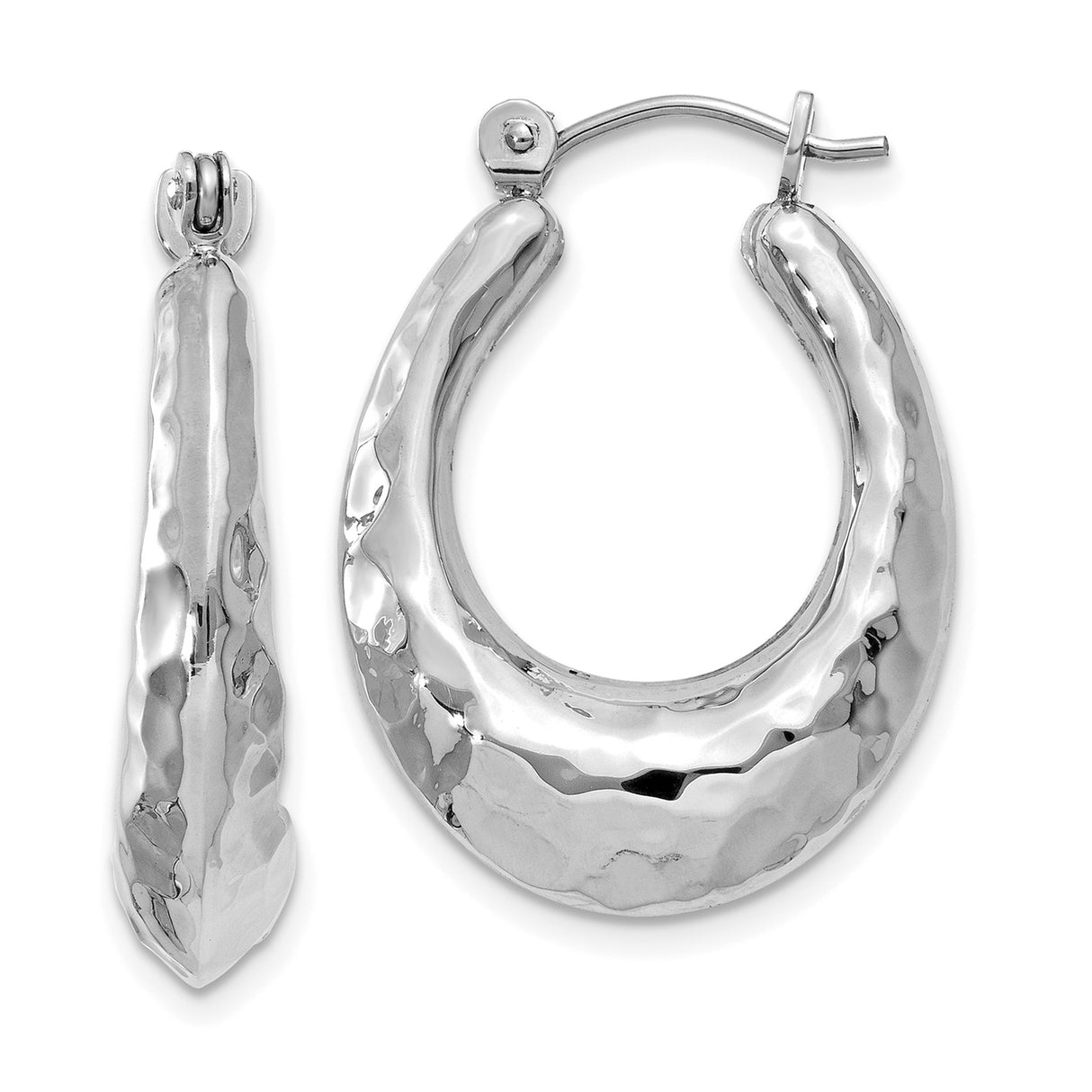 14k White Gold Hoop Earrings, Elongated Oval Hammered Design with High Polish Finish