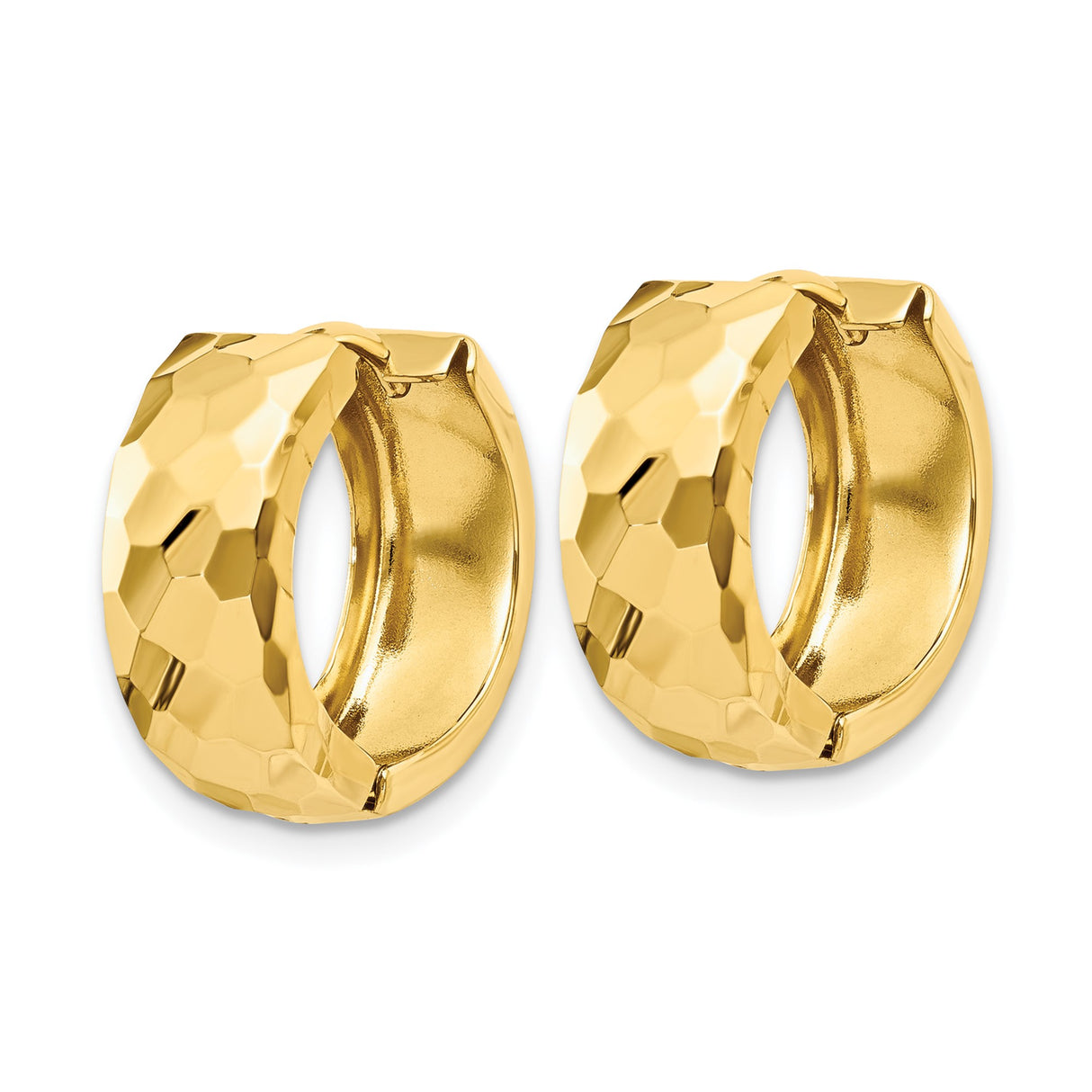 14k Yellow Gold Hoop Earrings with Faceted Hammered Texture and Polished Finish