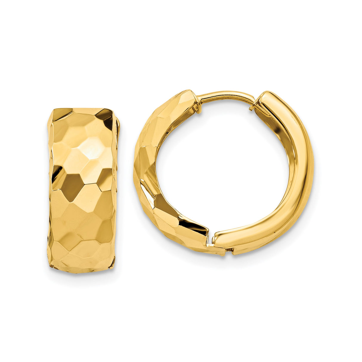 14k Yellow Gold Hoop Earrings with Faceted Hammered Texture and Polished Finish