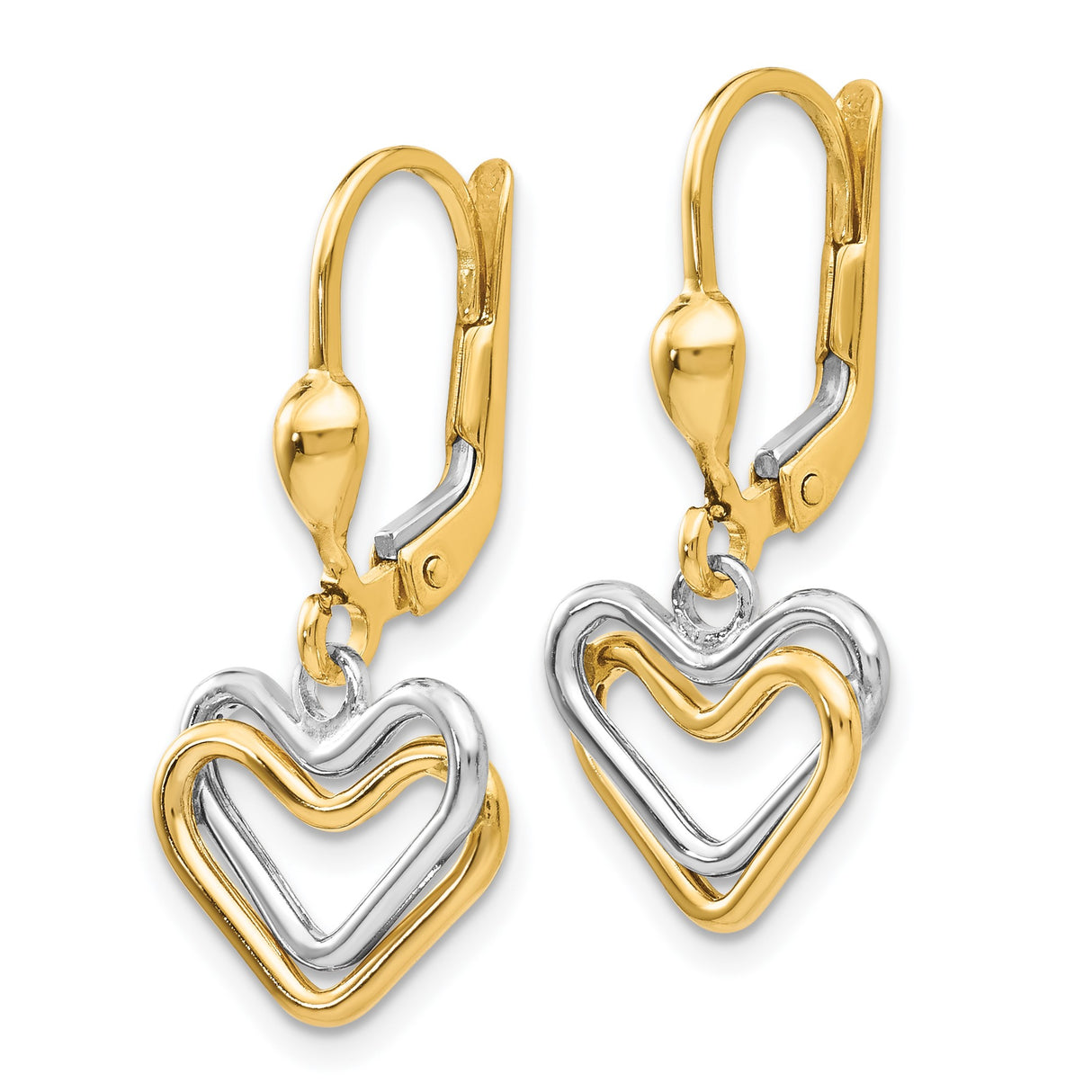 14k Two-Tone Gold Heart Drop Earrings with Interlocking Open Hearts, Leverback Closure