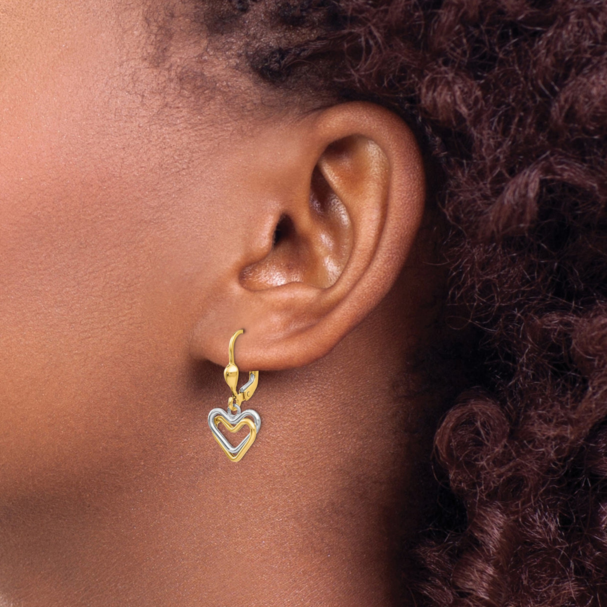 14k Two-Tone Gold Heart Drop Earrings with Interlocking Open Hearts, Leverback Closure