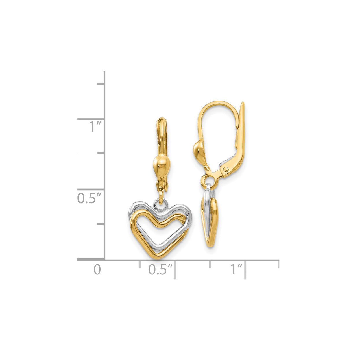 14k Two-Tone Gold Heart Drop Earrings with Interlocking Open Hearts, Leverback Closure