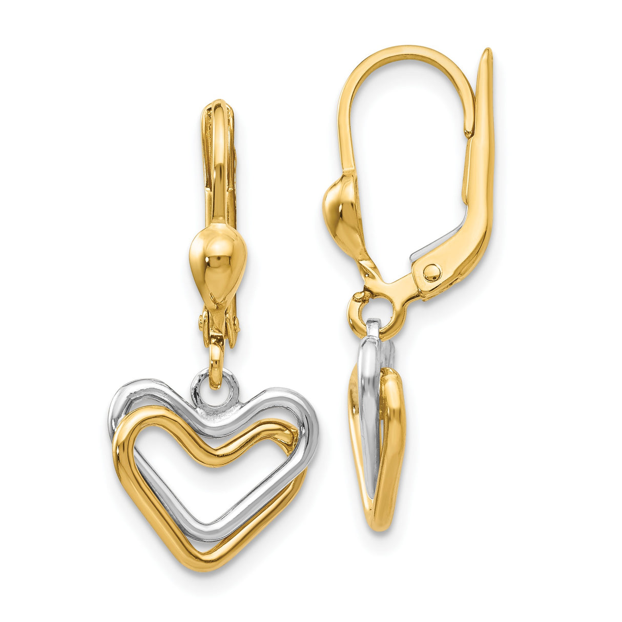 14k Two-Tone Gold Heart Drop Earrings with Interlocking Open Hearts, Leverback Closure