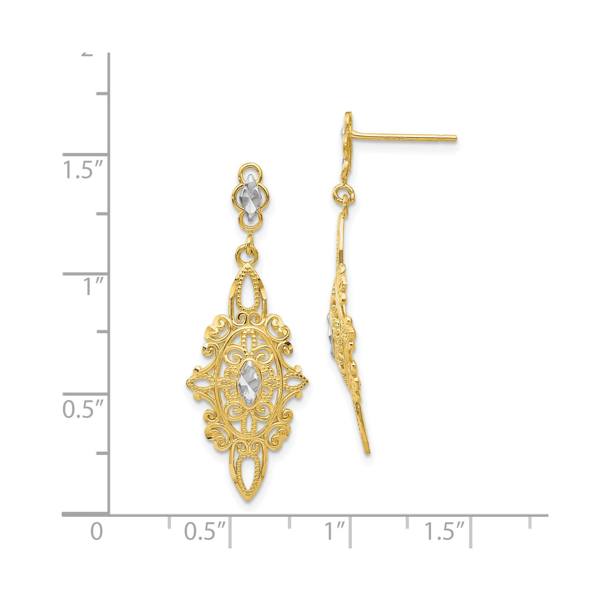 14k Yellow Gold Filigree Dangle Earrings with Marquise Cut Detailing, Vintage Two-Tone Design