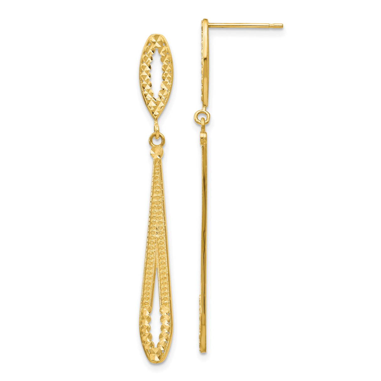 14k Yellow Gold Dangle Earrings, Diamond-Cut Teardrop Design with Textured Finish