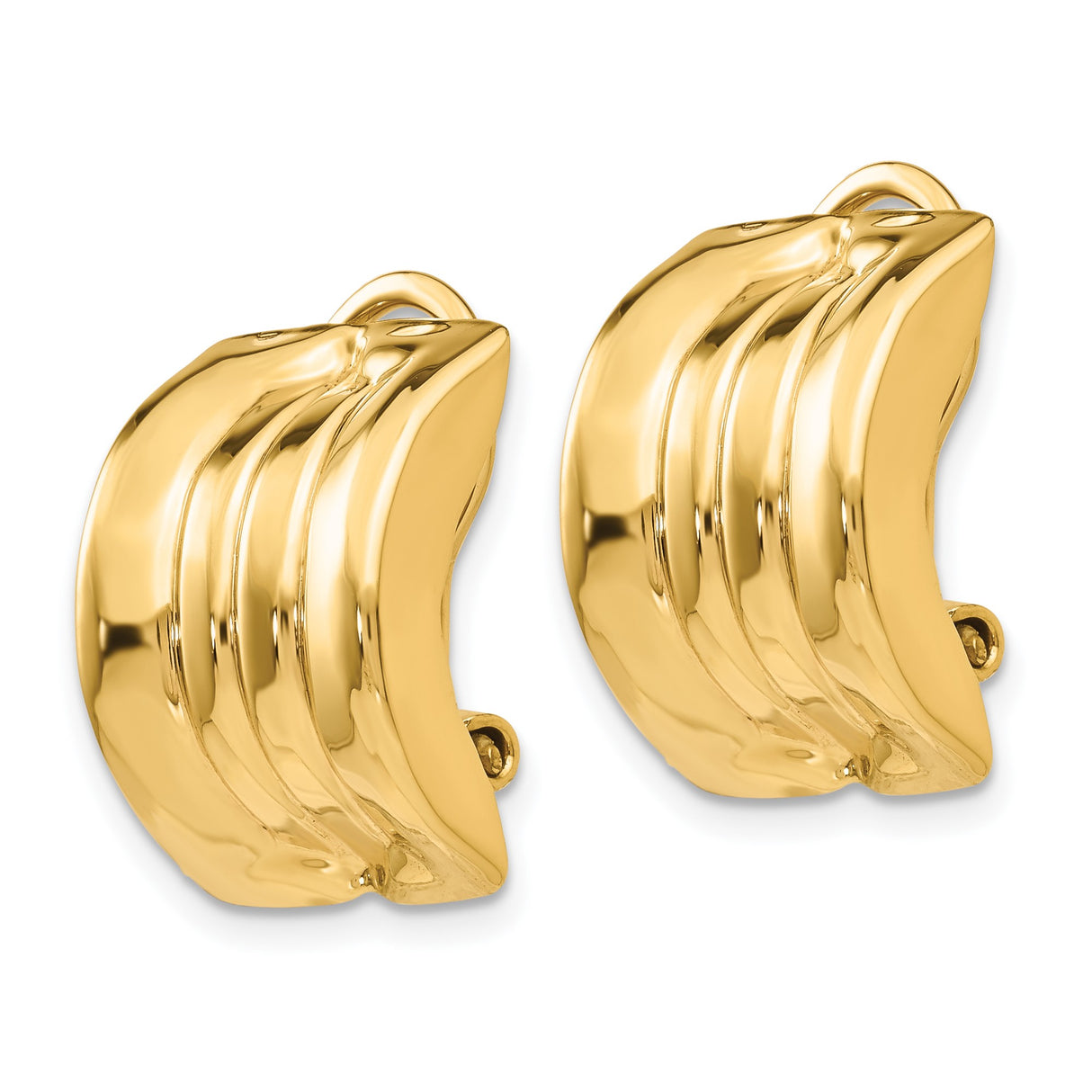 14k Yellow Gold Clip On Earrings with Ribbed Polished Finish, Vintage Bold Style for Women