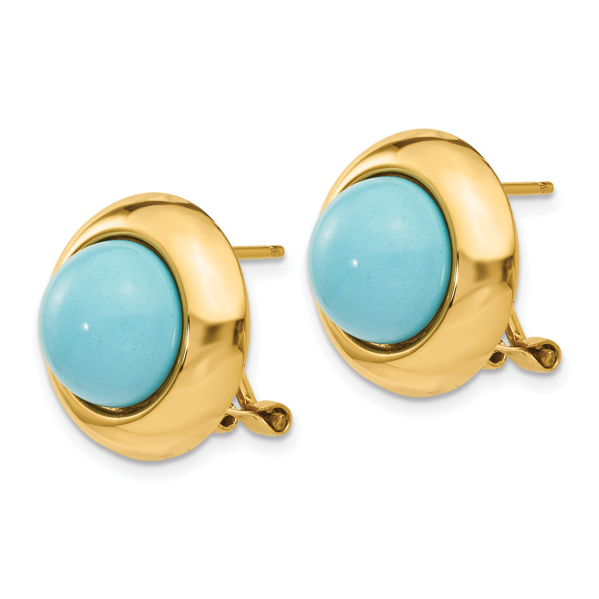 14k Yellow Gold Stud Earrings with Round Reconstructed Turquoise Cabochon Bezel Setting