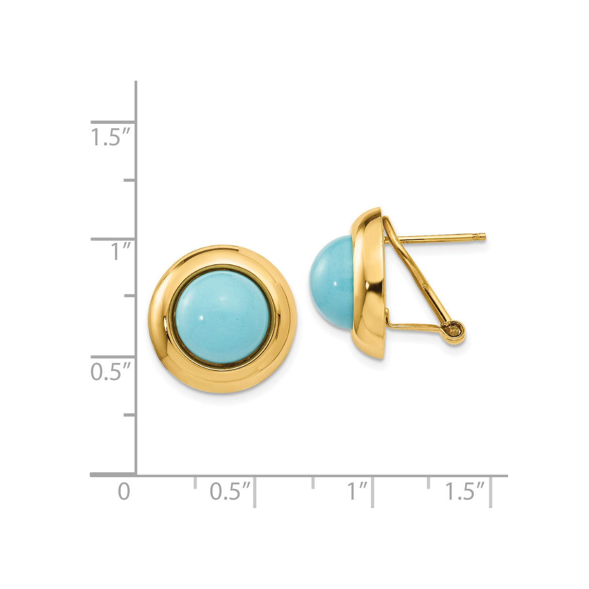 14k Yellow Gold Stud Earrings with Round Reconstructed Turquoise Cabochon Bezel Setting