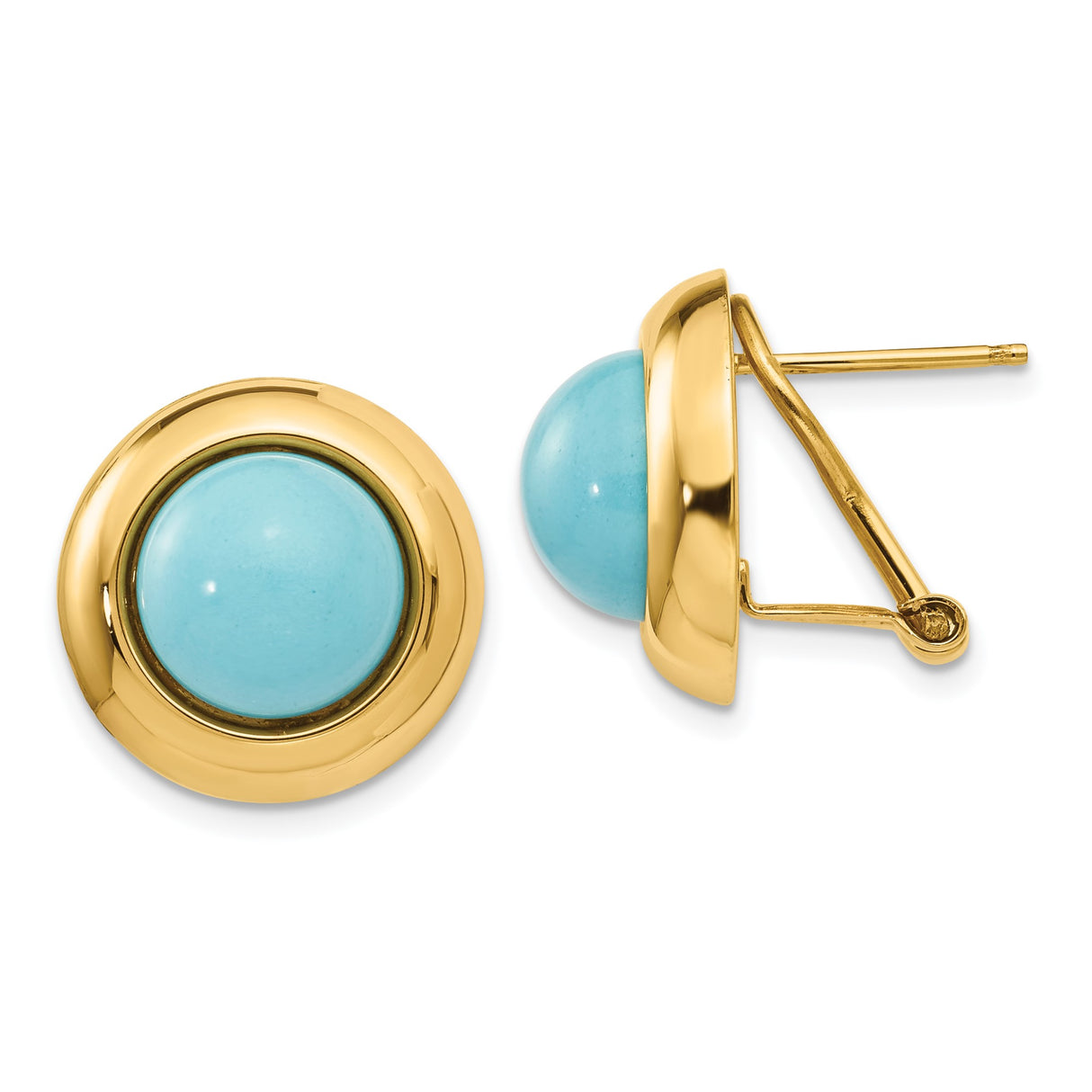 14k Yellow Gold Stud Earrings with Round Reconstructed Turquoise Cabochon Bezel Setting