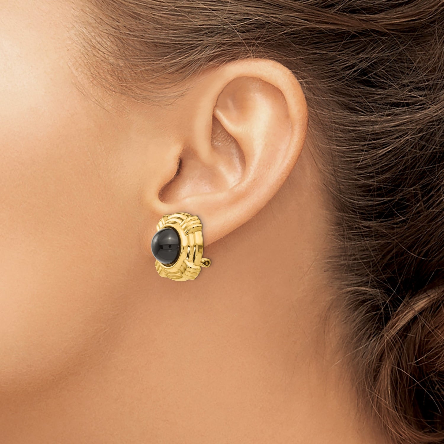 14k Yellow Gold Clip-On Earrings with Black Onyx Center, Vintage Bold Frame Design