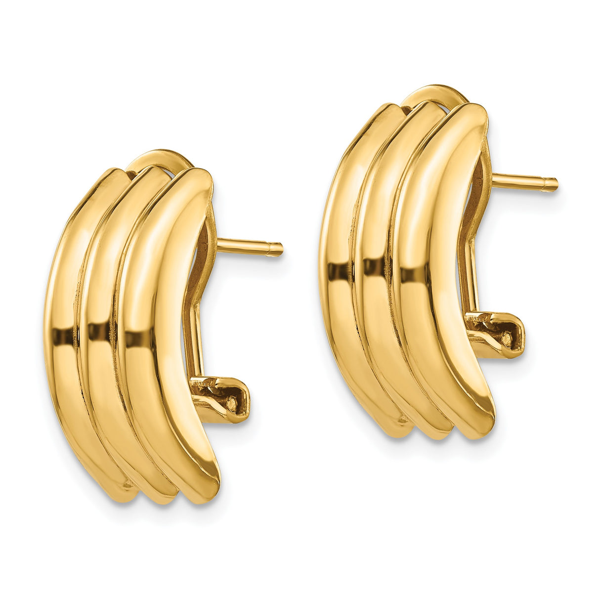 14k Yellow Gold Hoop Earrings with Triple Dome Design and Polished Finish for Women