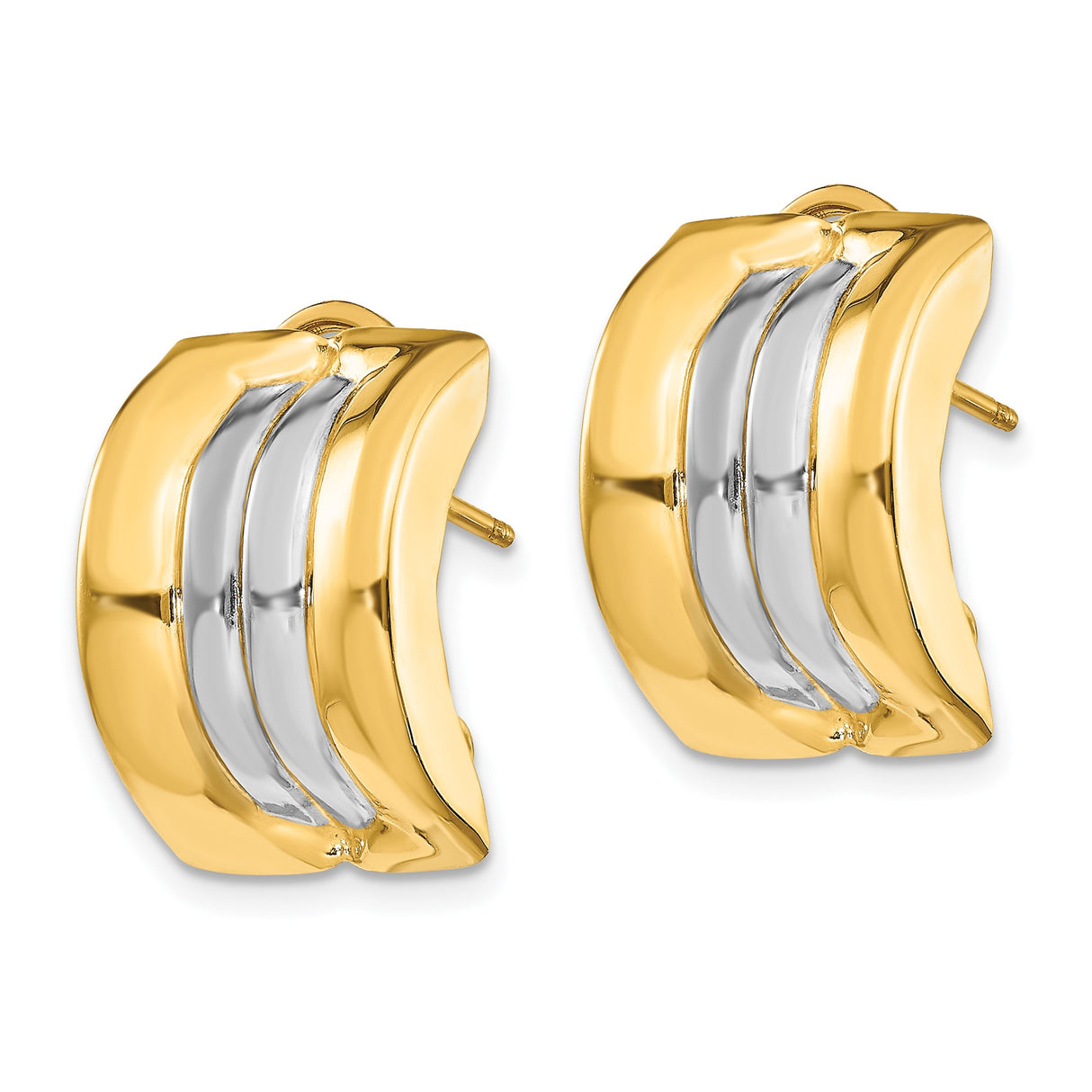 14k Yellow Gold Huggie Hoop Earrings with Rhodium Inlay, Two-Tone Polished Omega Back Design