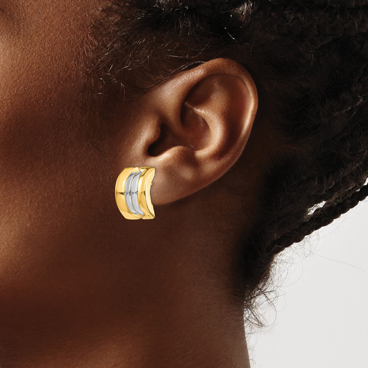 14k Yellow Gold Huggie Hoop Earrings with Rhodium Inlay, Two-Tone Polished Omega Back Design