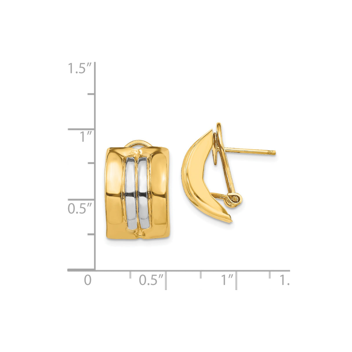 14k Yellow Gold Huggie Hoop Earrings with Rhodium Inlay, Two-Tone Polished Omega Back Design