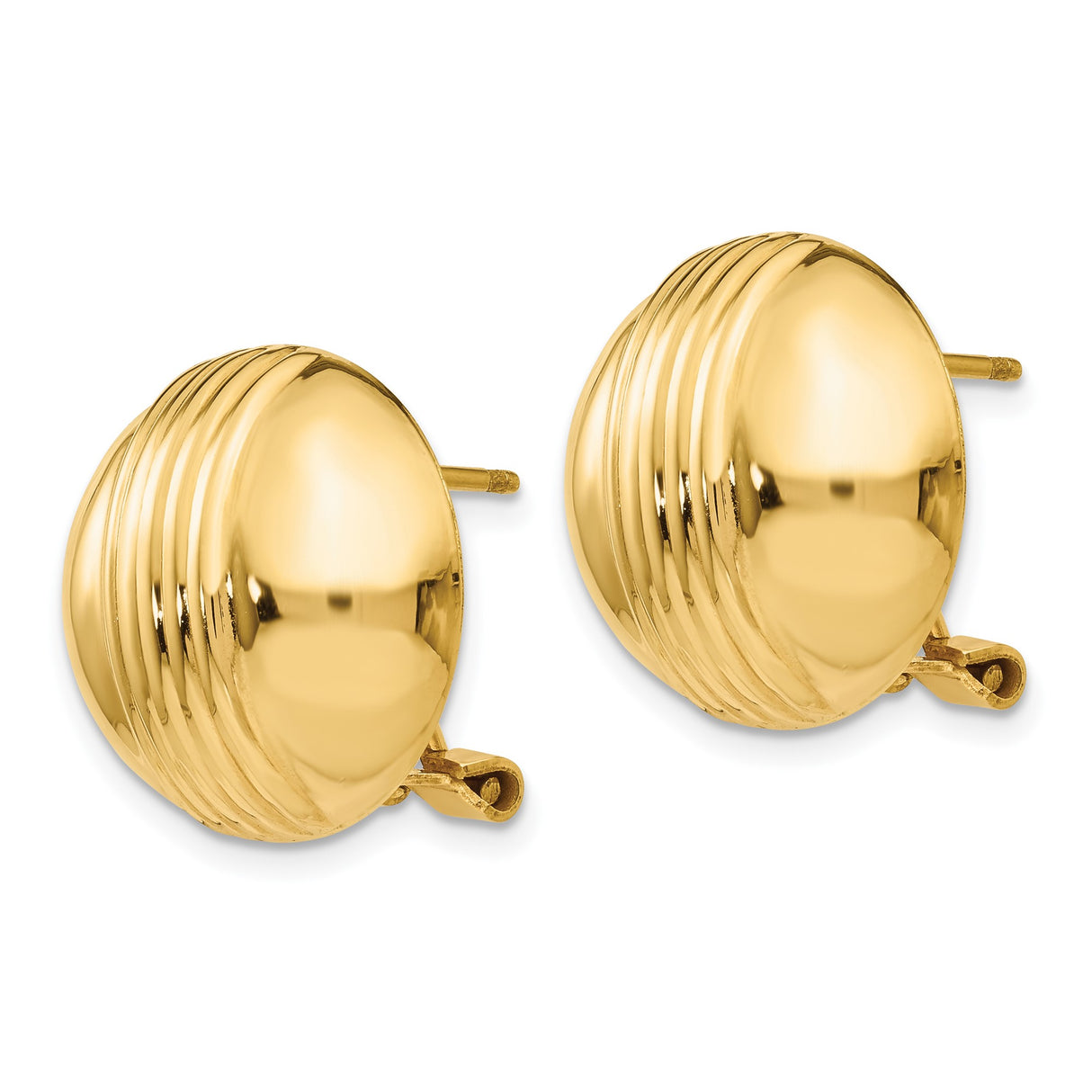 14k Yellow Gold Button Earrings with Polished and Ribbed Detailing, Omega Back Closure