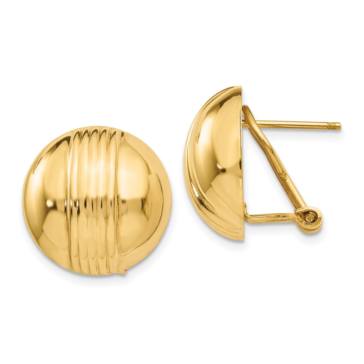 14k Yellow Gold Button Earrings with Polished and Ribbed Detailing, Omega Back Closure