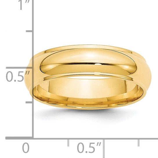 14K Yellow Gold Half Round Solid Wedding Band With Fancy Edge, 6mm Domed