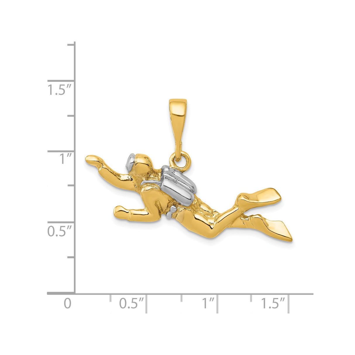 14k Two-Tone Gold Scuba Diver Pendant with Flippers and Tank, Nautical Marine Charm