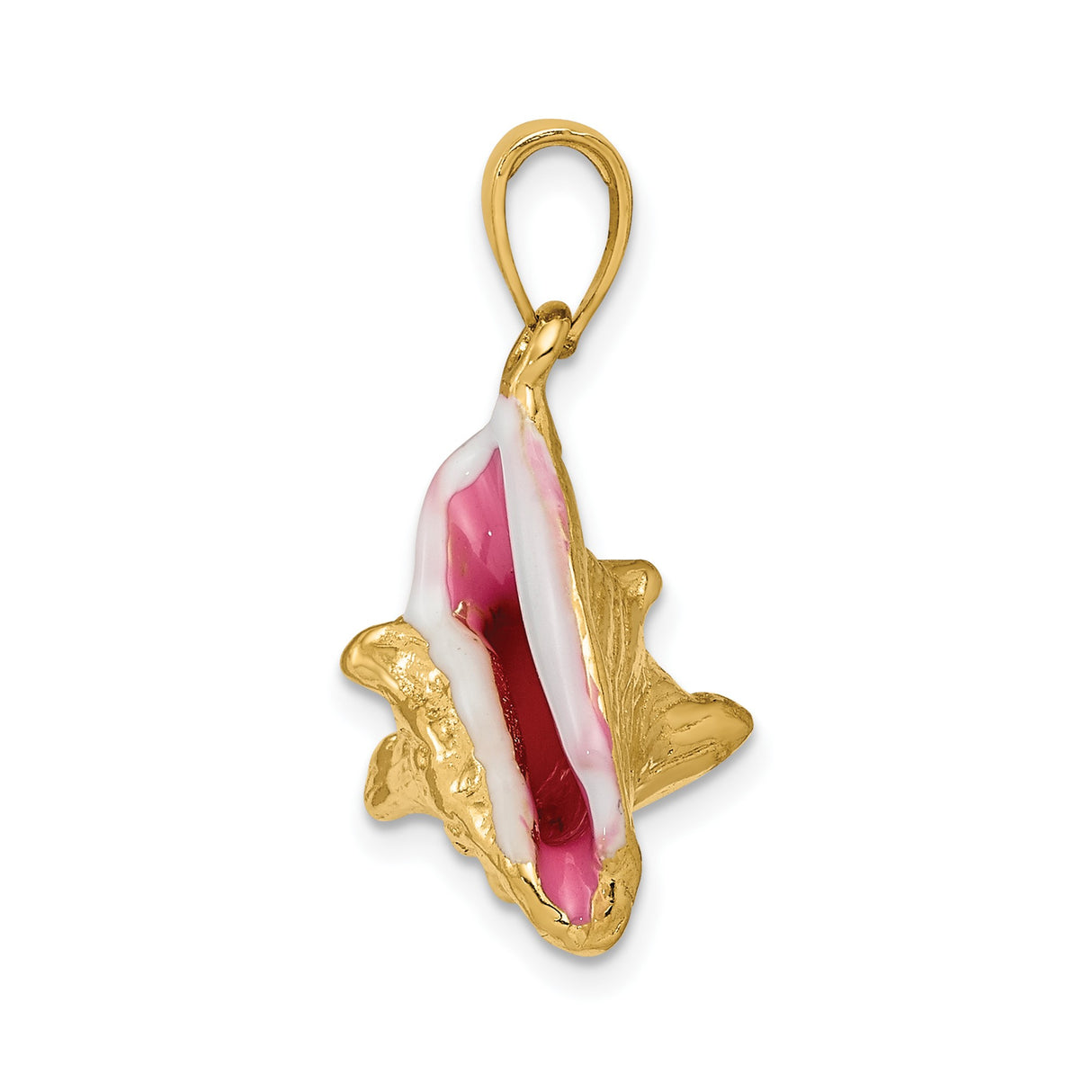 14k Yellow Gold Conch Shell Pendant with Pink and White Enamel, Nautical Beach Jewelry