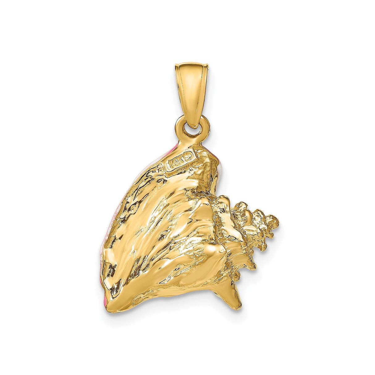 14k Yellow Gold Conch Shell Pendant with Pink and White Enamel, Nautical Beach Jewelry