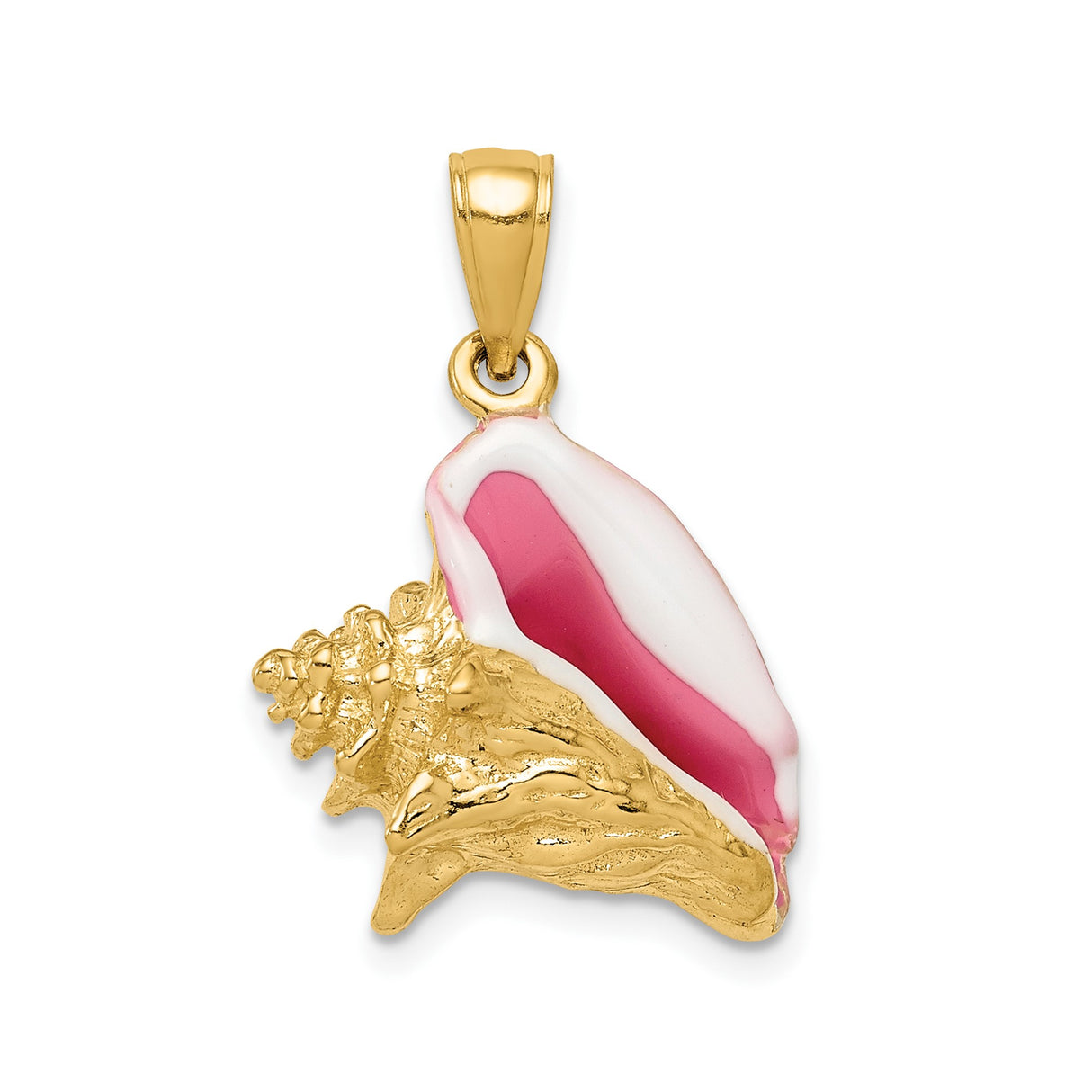 14k Yellow Gold Conch Shell Pendant with Pink and White Enamel, Nautical Beach Jewelry