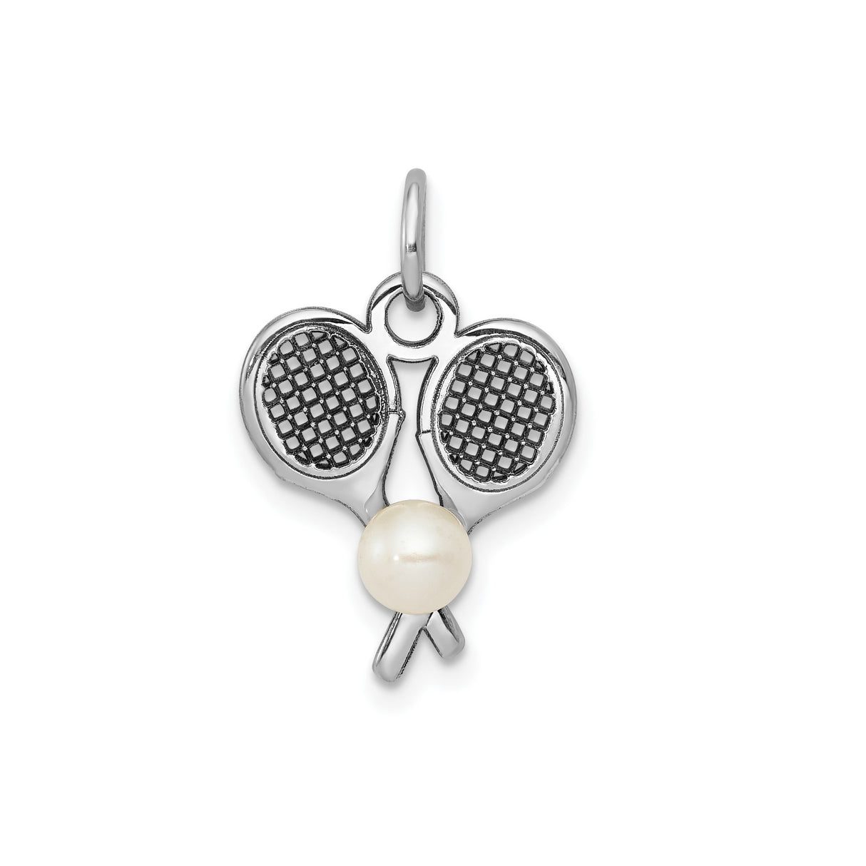 14k White Gold Pendant with Cultured Pearl and Crossed Tennis Rackets, Sports Charm for Women