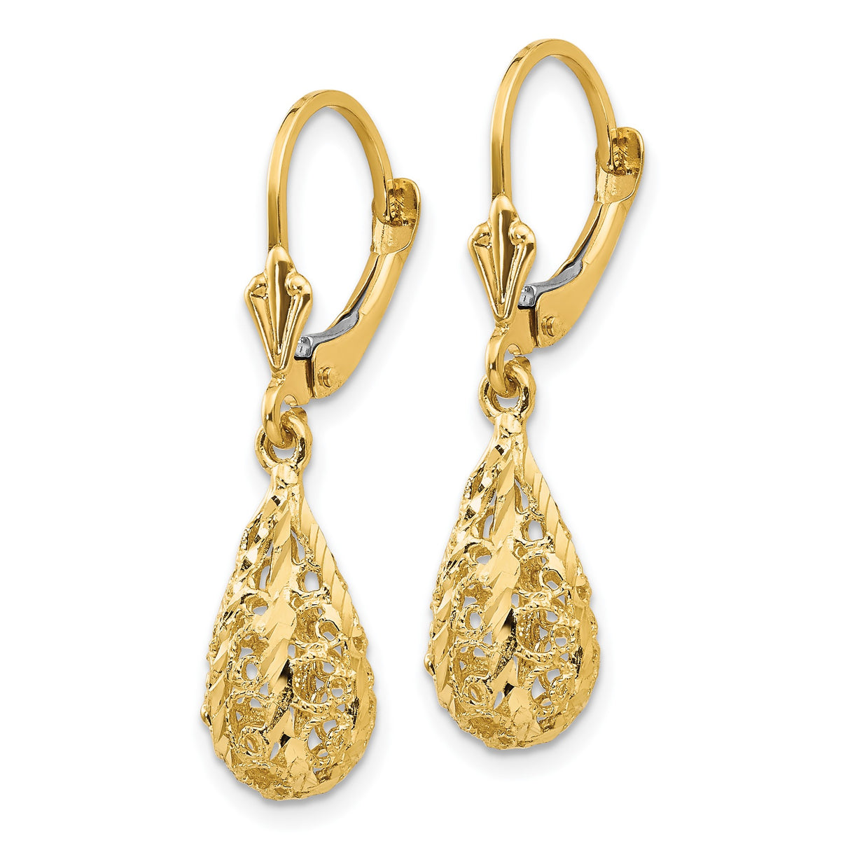 14k Yellow Gold Dangle Earrings with Intricate Teardrop Filigree Design and Leverback Closures