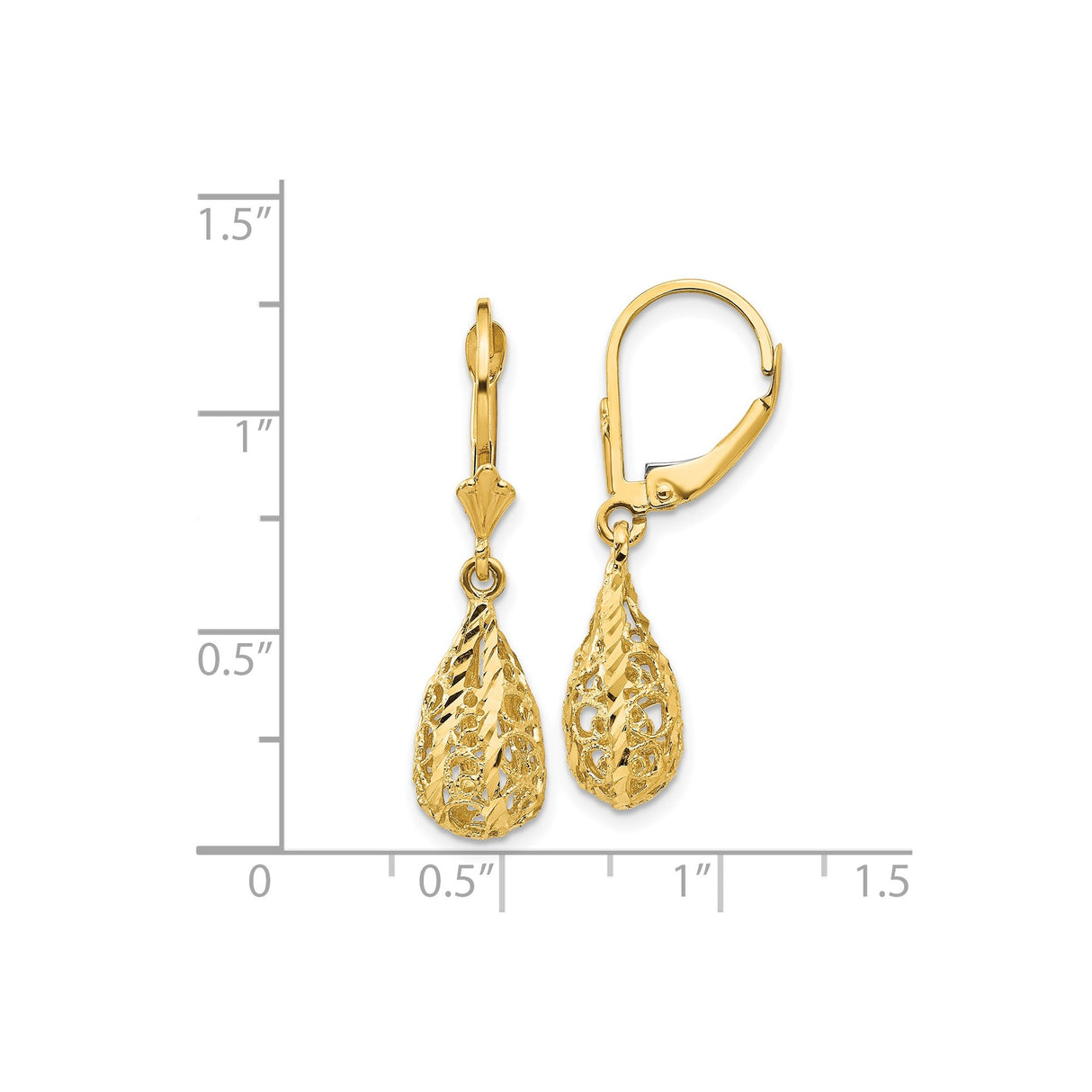 14k Yellow Gold Dangle Earrings with Intricate Teardrop Filigree Design and Leverback Closures