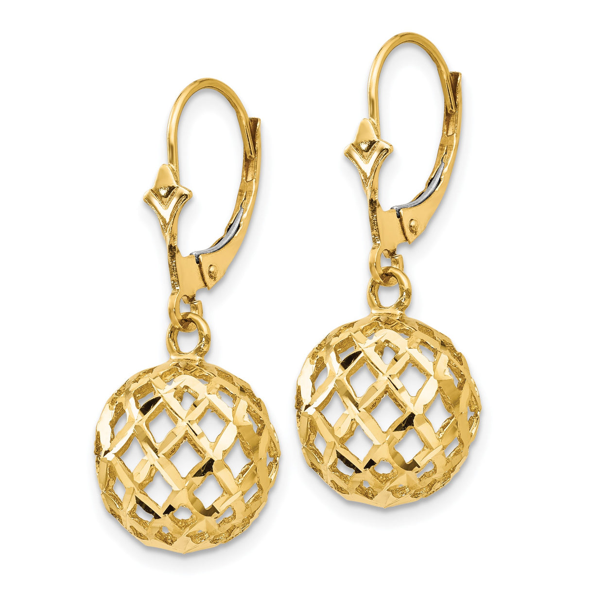 14k Yellow Gold Dangle Earrings with Openwork Lattice Ball Drops, Geometric Design, Leverback Closure