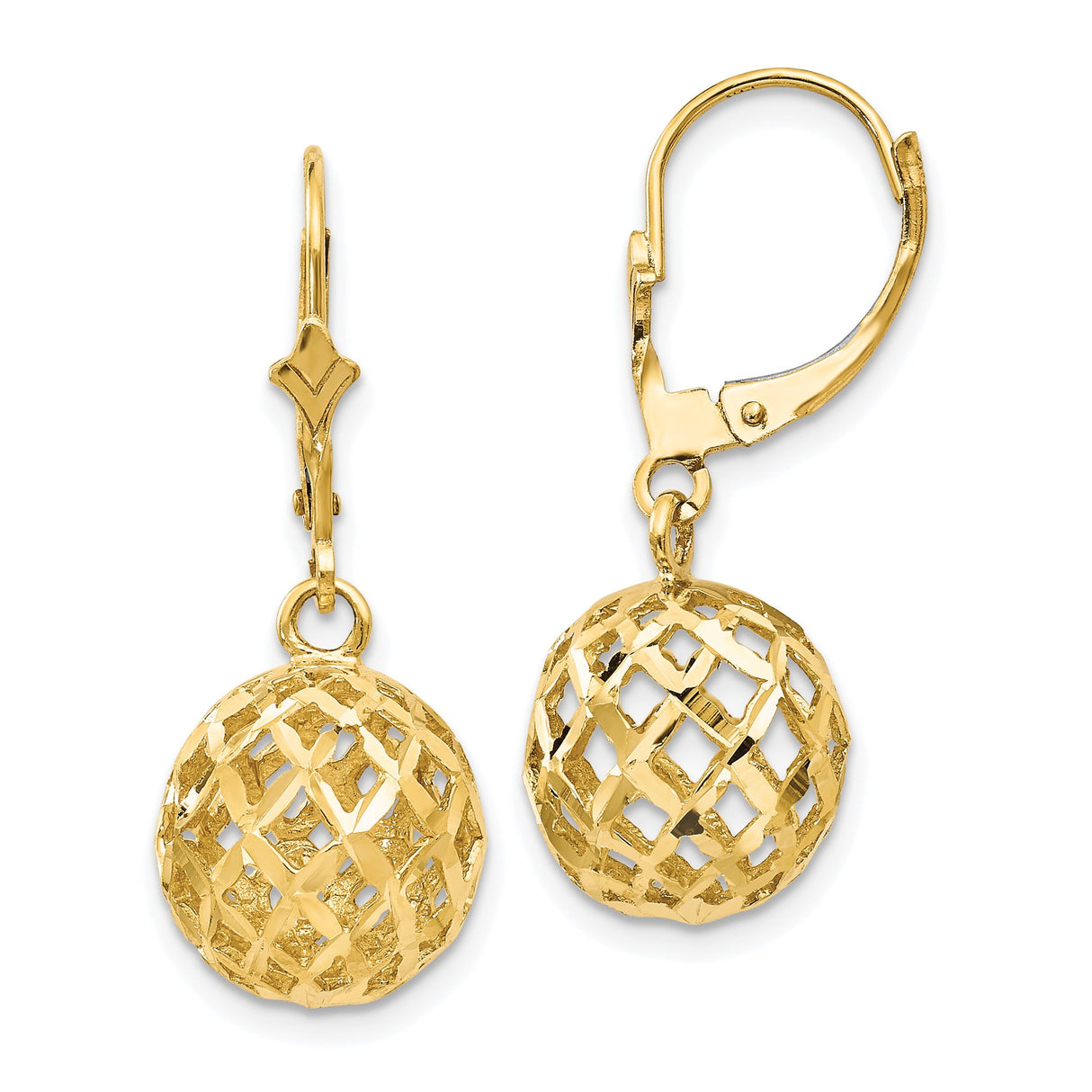 14k Yellow Gold Dangle Earrings with Openwork Lattice Ball Drops, Geometric Design, Leverback Closure