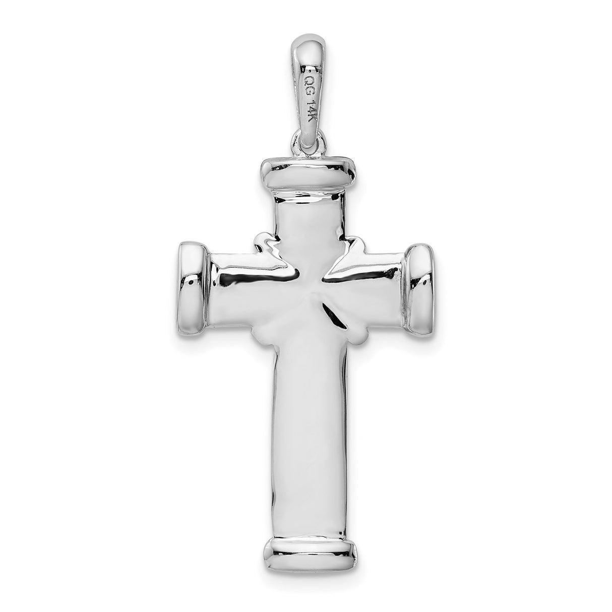 14k White Gold Cross Pendant with Reversible Latin Charm and Sleek Cylindrical Design