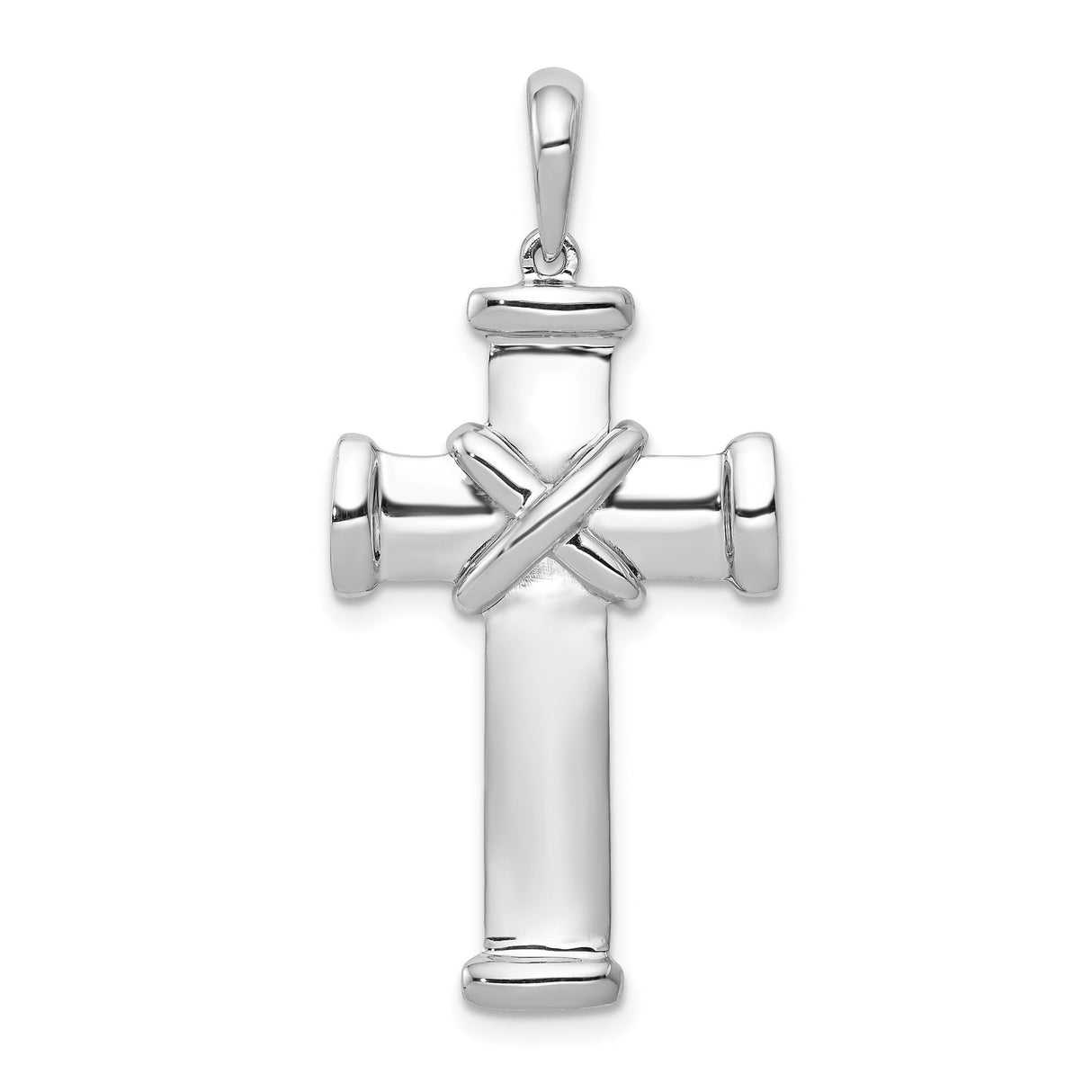 14k White Gold Cross Pendant with Reversible Latin Charm and Sleek Cylindrical Design