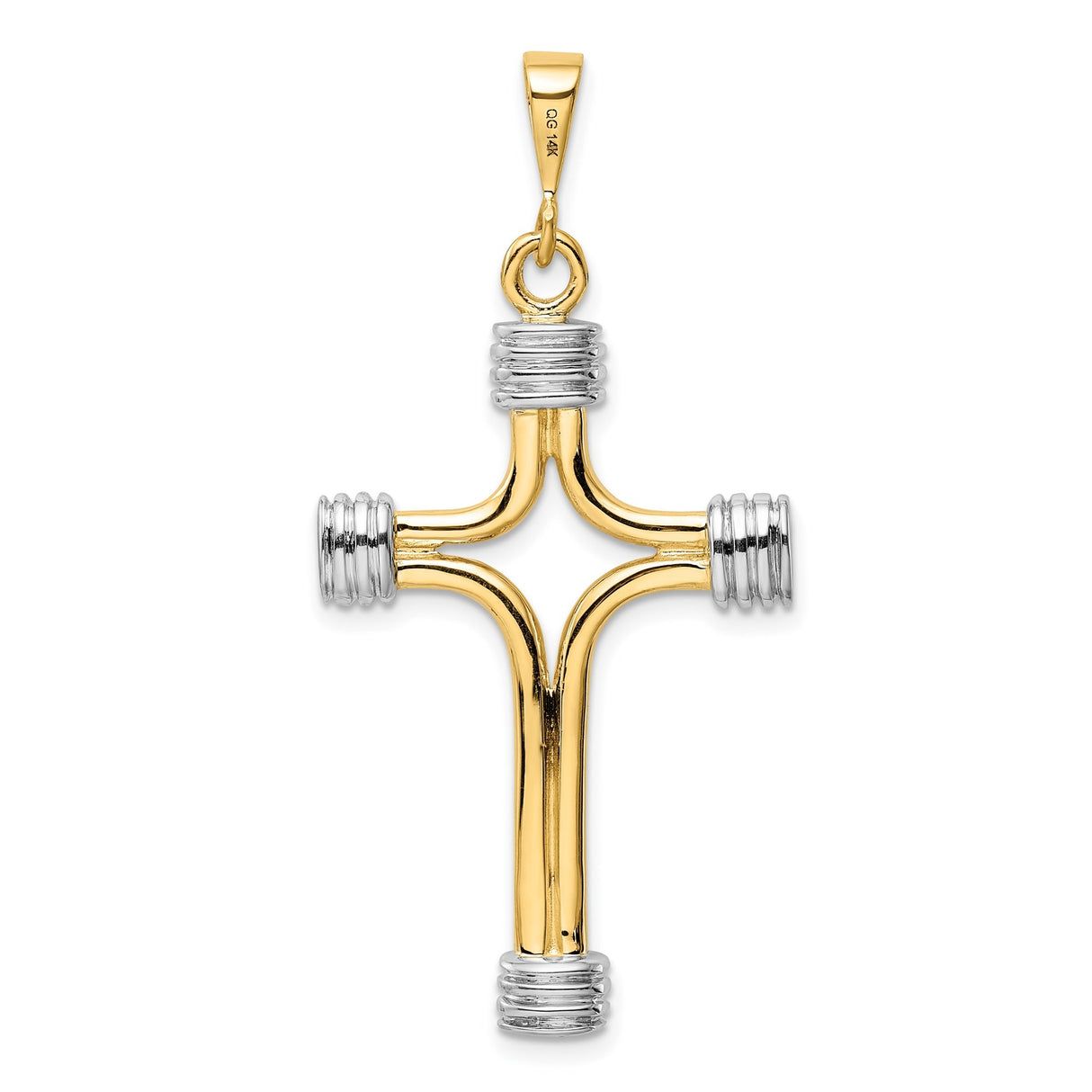 14k Multi-Tone Gold Latin Cross Pendant with Rhodium-Tipped Ends, Mirror Polished Finish