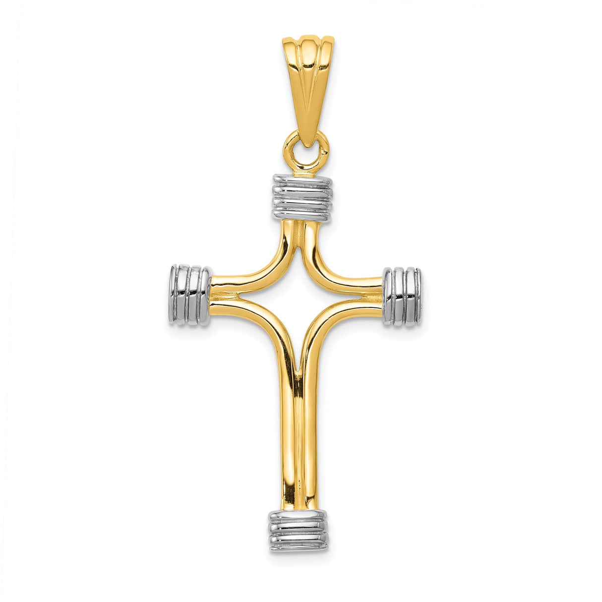 14k Multi-Tone Gold Latin Cross Pendant with Rhodium-Tipped Ends, Mirror Polished Finish