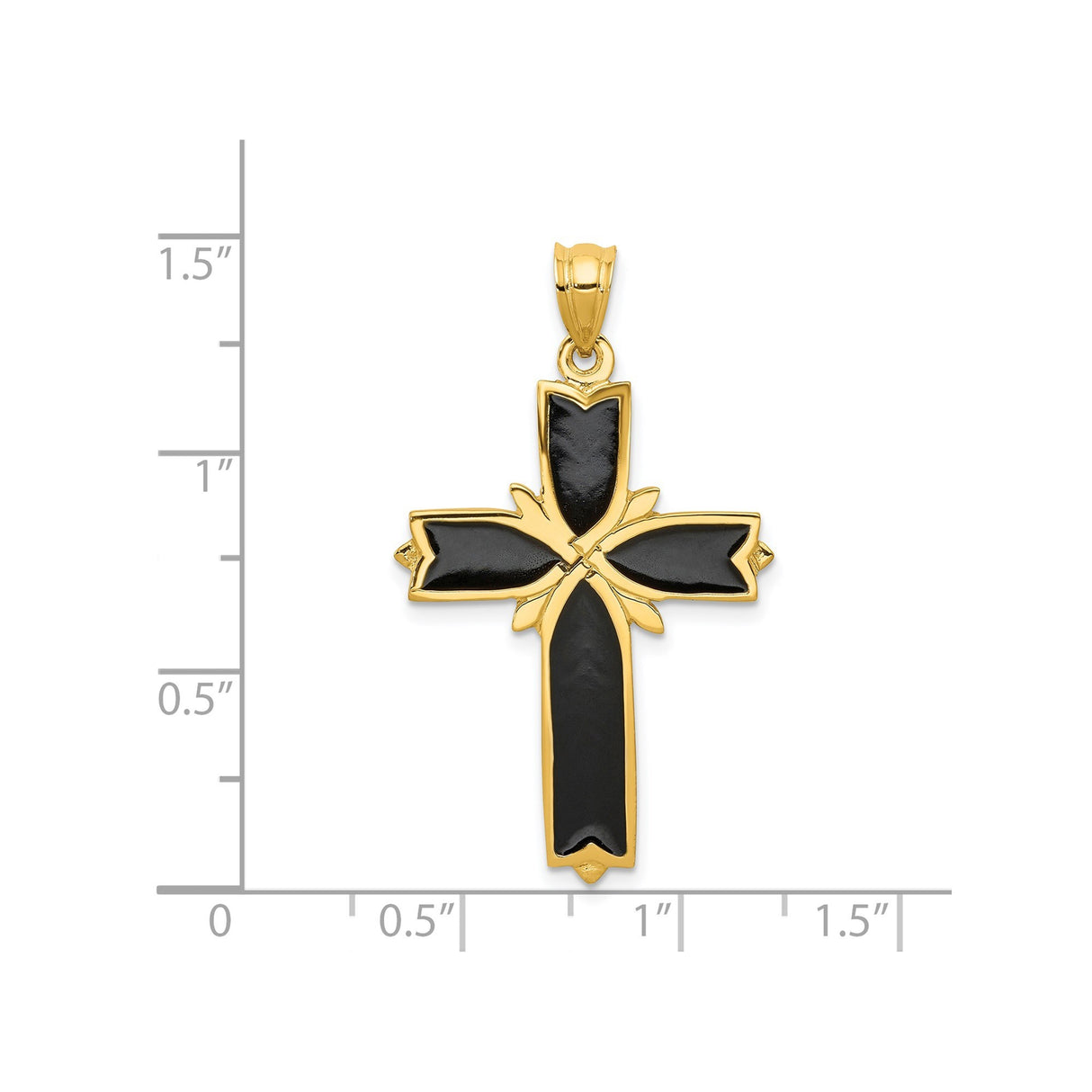 14k Yellow Gold Fleur De Lis Cross Pendant with Black Enamel for Men and Women