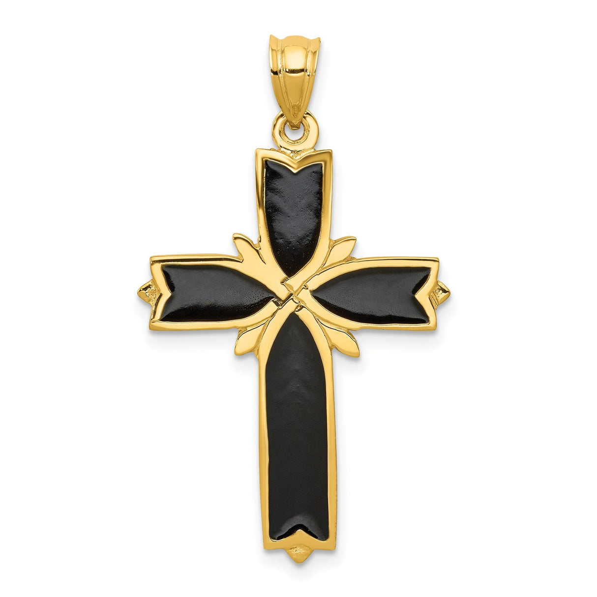 14k Yellow Gold Fleur De Lis Cross Pendant with Black Enamel for Men and Women