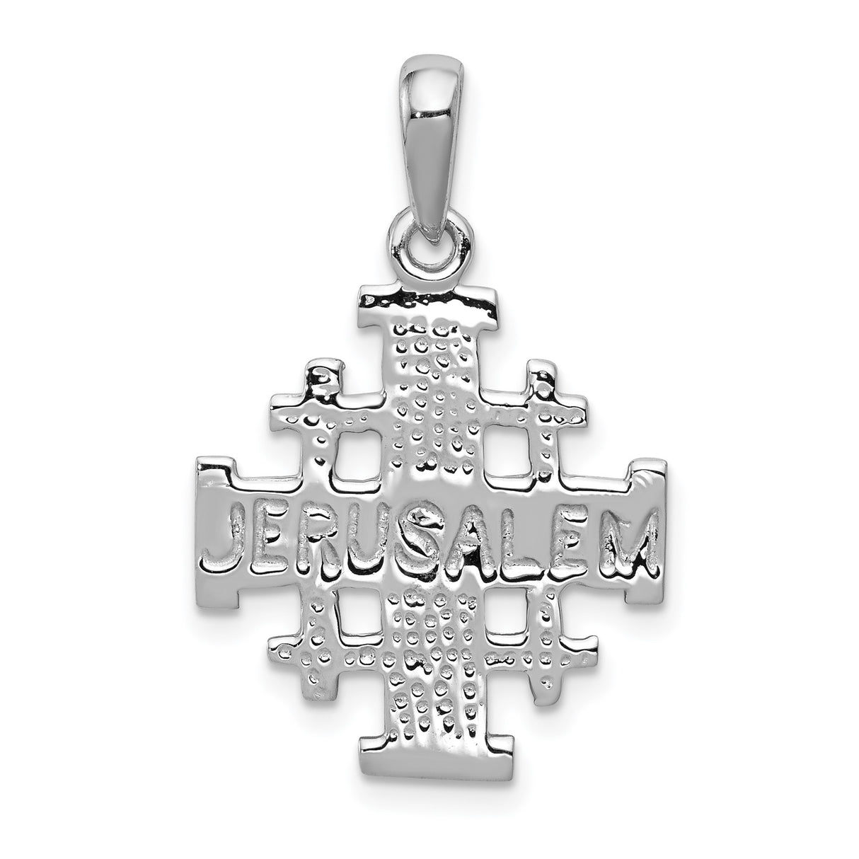 14k White Gold Cross Pendant with Polished Jerusalem Emblem, Modern Religious Charm