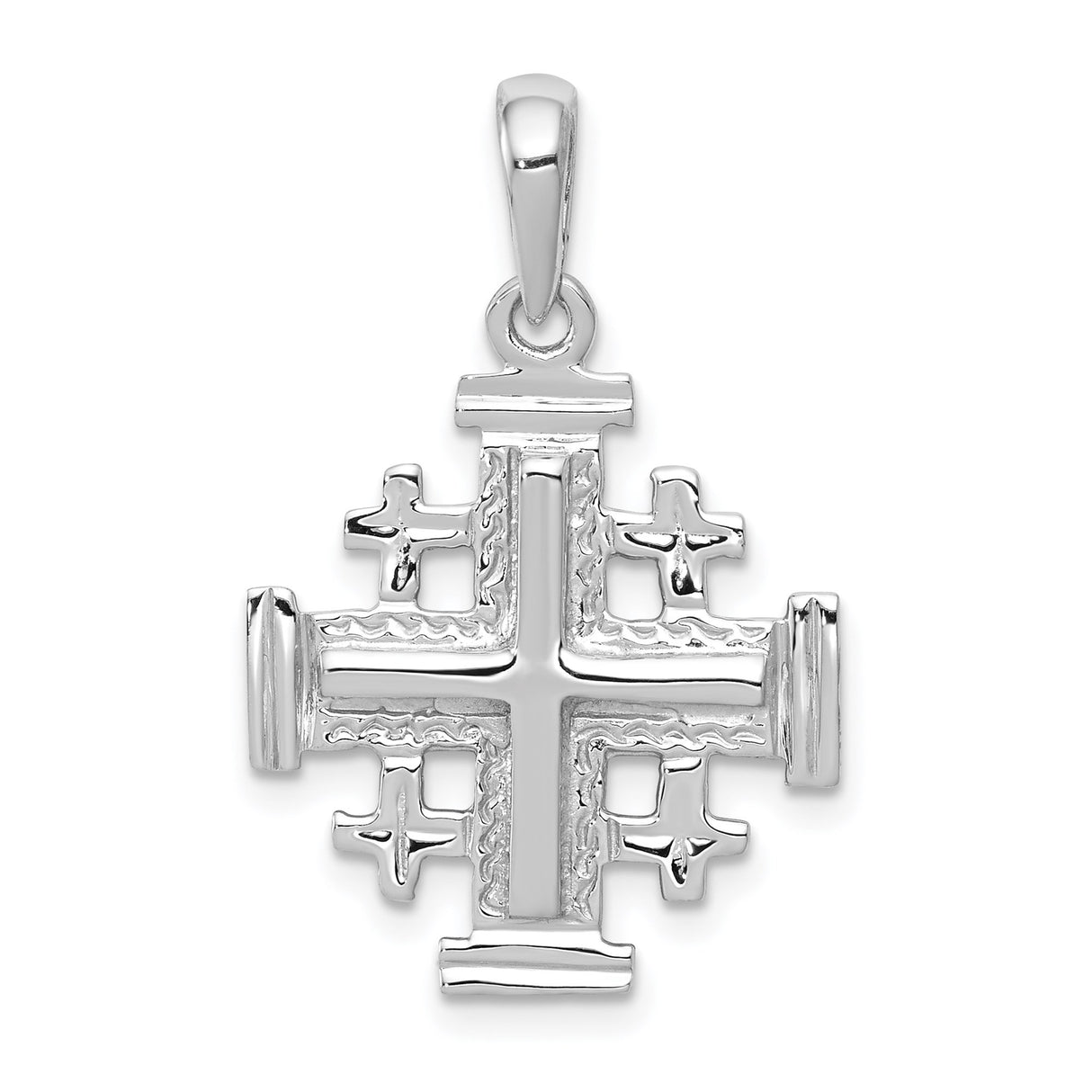 14k White Gold Cross Pendant with Polished Jerusalem Emblem, Modern Religious Charm