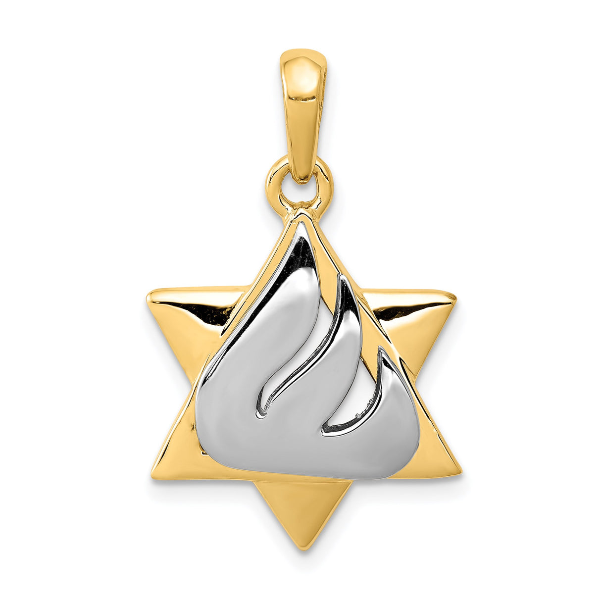 14k Two-Tone Gold Star of David Pendant with Flame and Shin Symbol