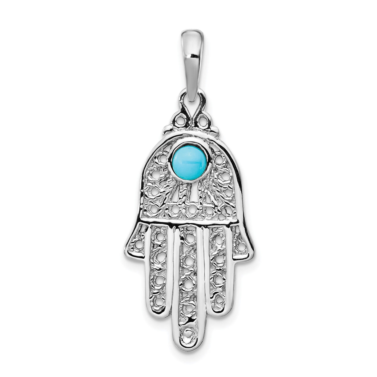 14k White Gold Hamsa Pendant with Turquoise, Filigree Design, Spiritual Protection Charm