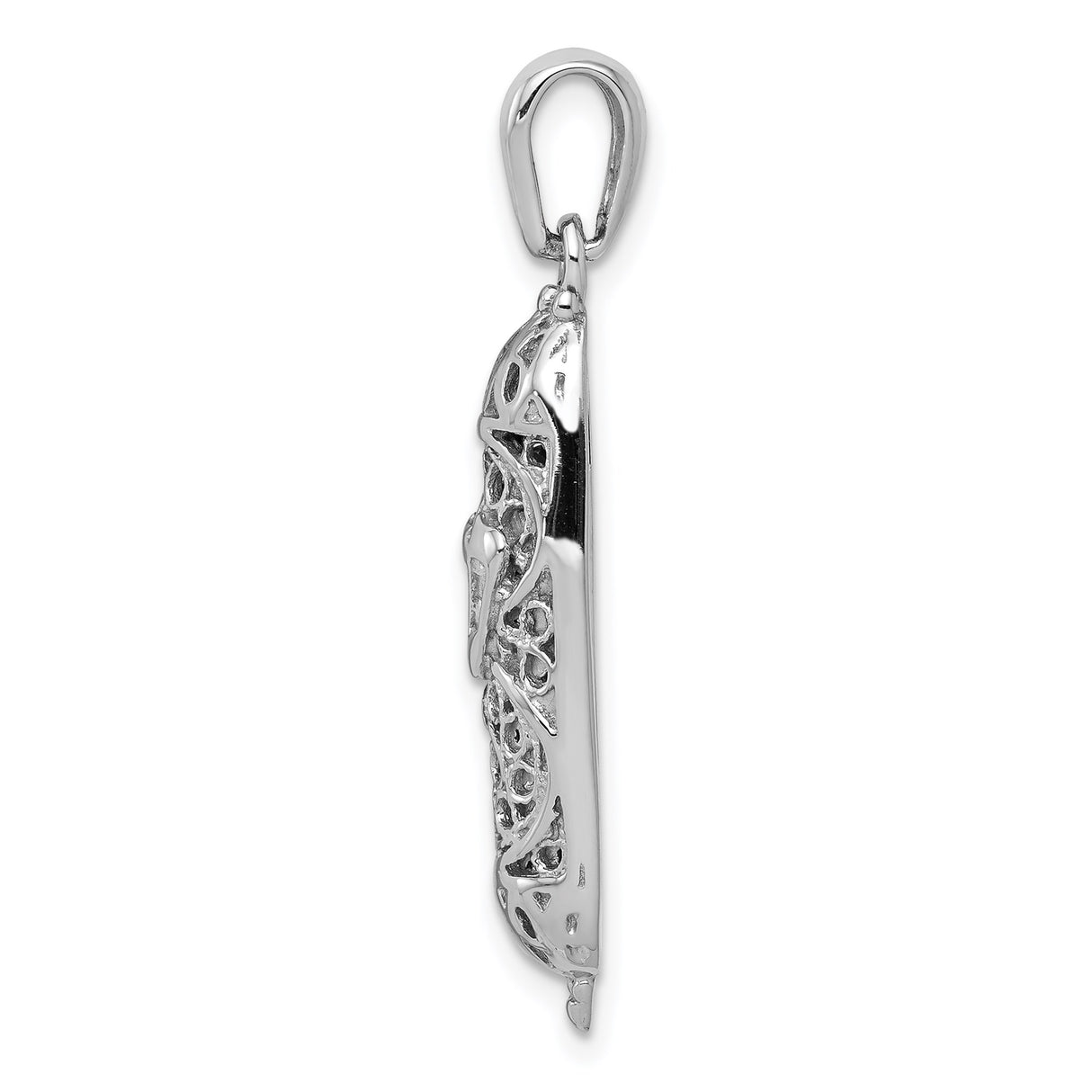 14k White Gold Mezuzah Pendant with Filigree Design and Hebrew Shin Symbol
