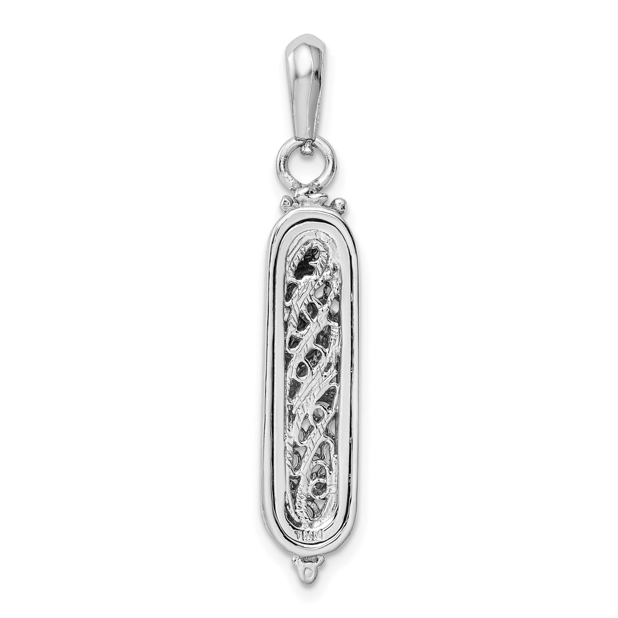14k White Gold Mezuzah Pendant with Filigree Design and Hebrew Shin Symbol