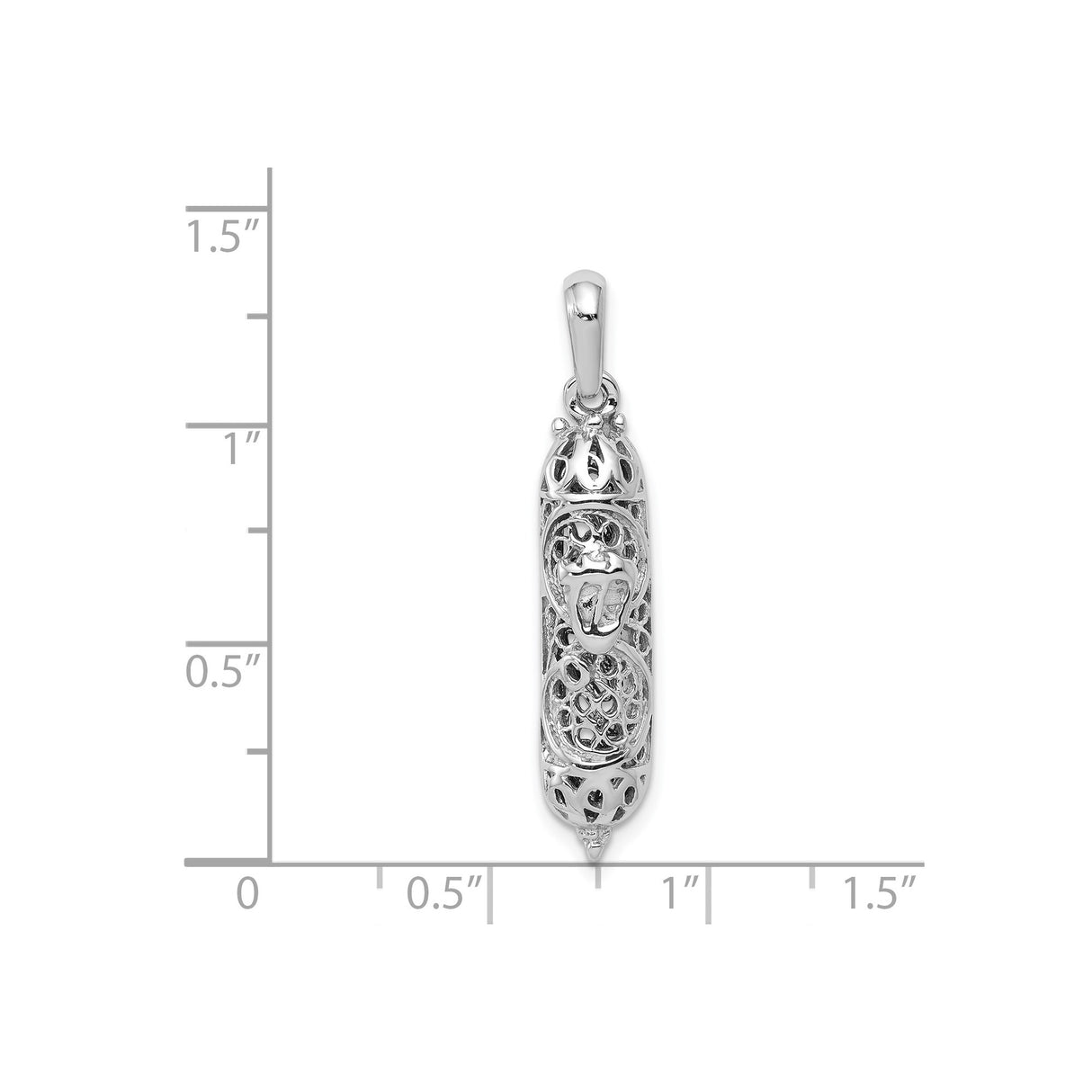 14k White Gold Mezuzah Pendant with Filigree Design and Hebrew Shin Symbol