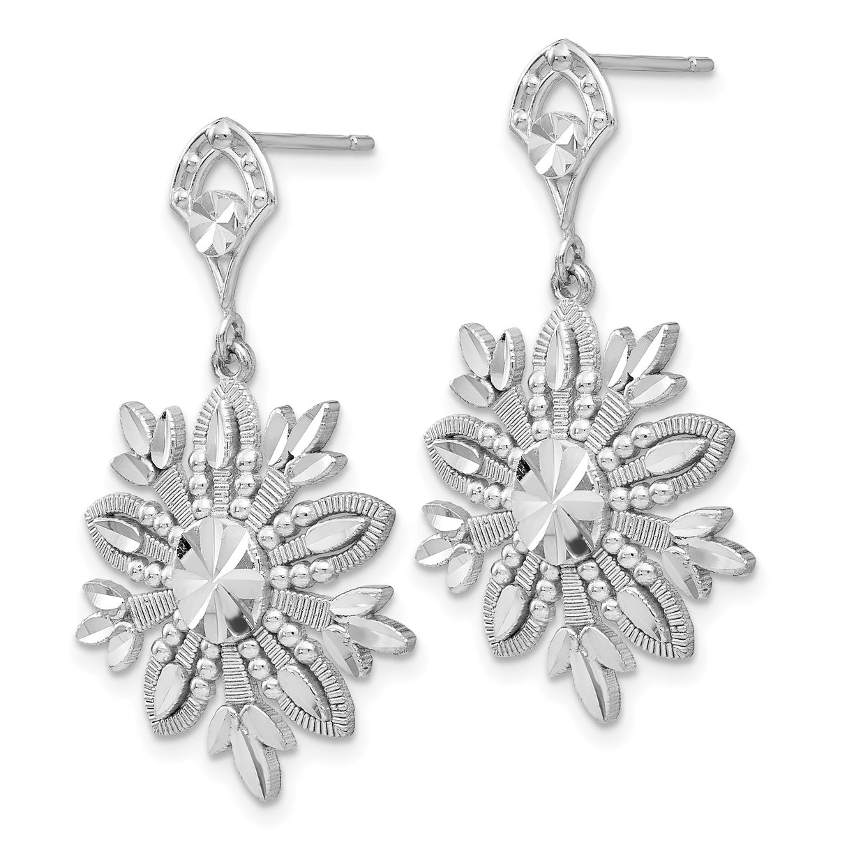 14k White Gold Drop Earrings with Floral Snowflake Design and Textured Details