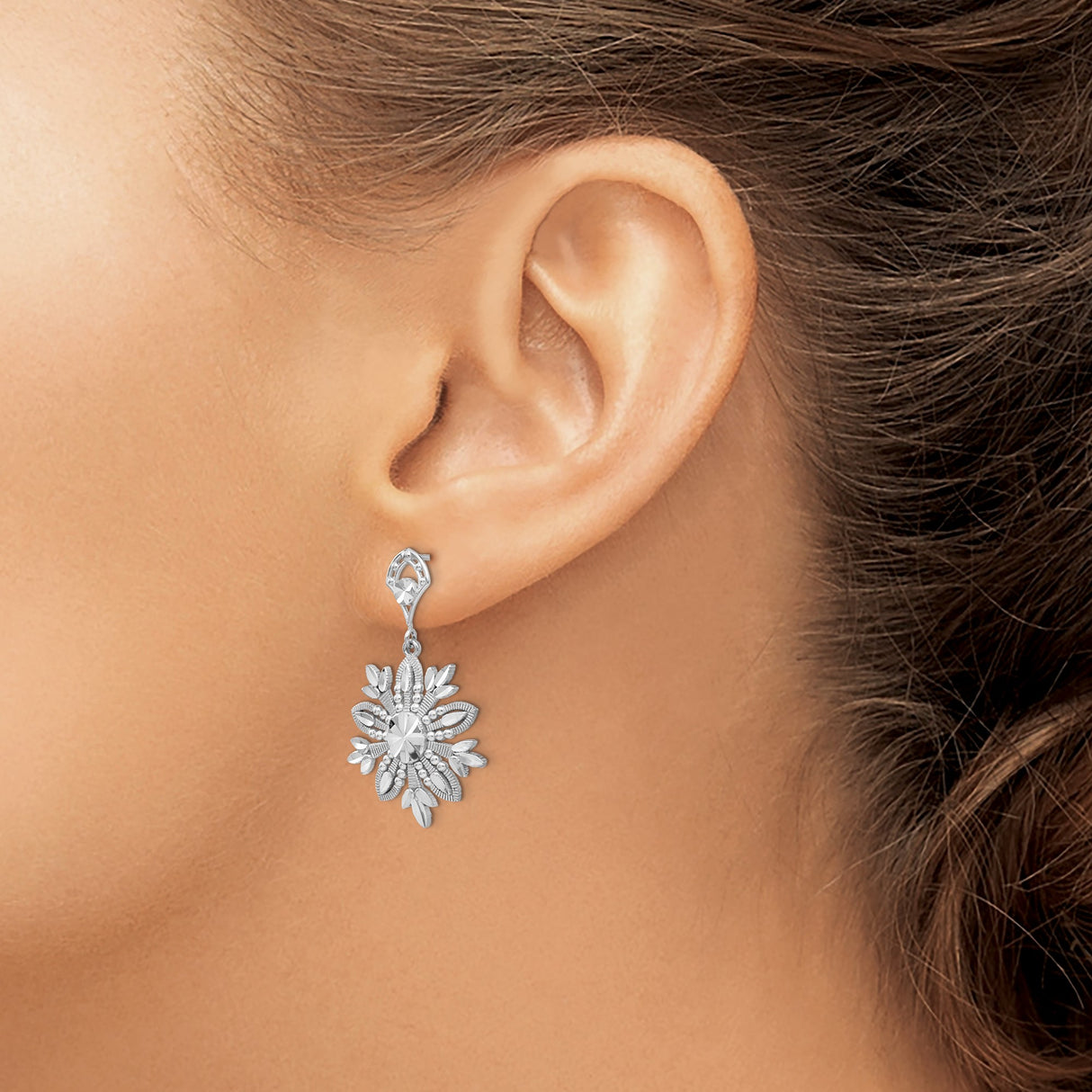 14k White Gold Drop Earrings with Floral Snowflake Design and Textured Details