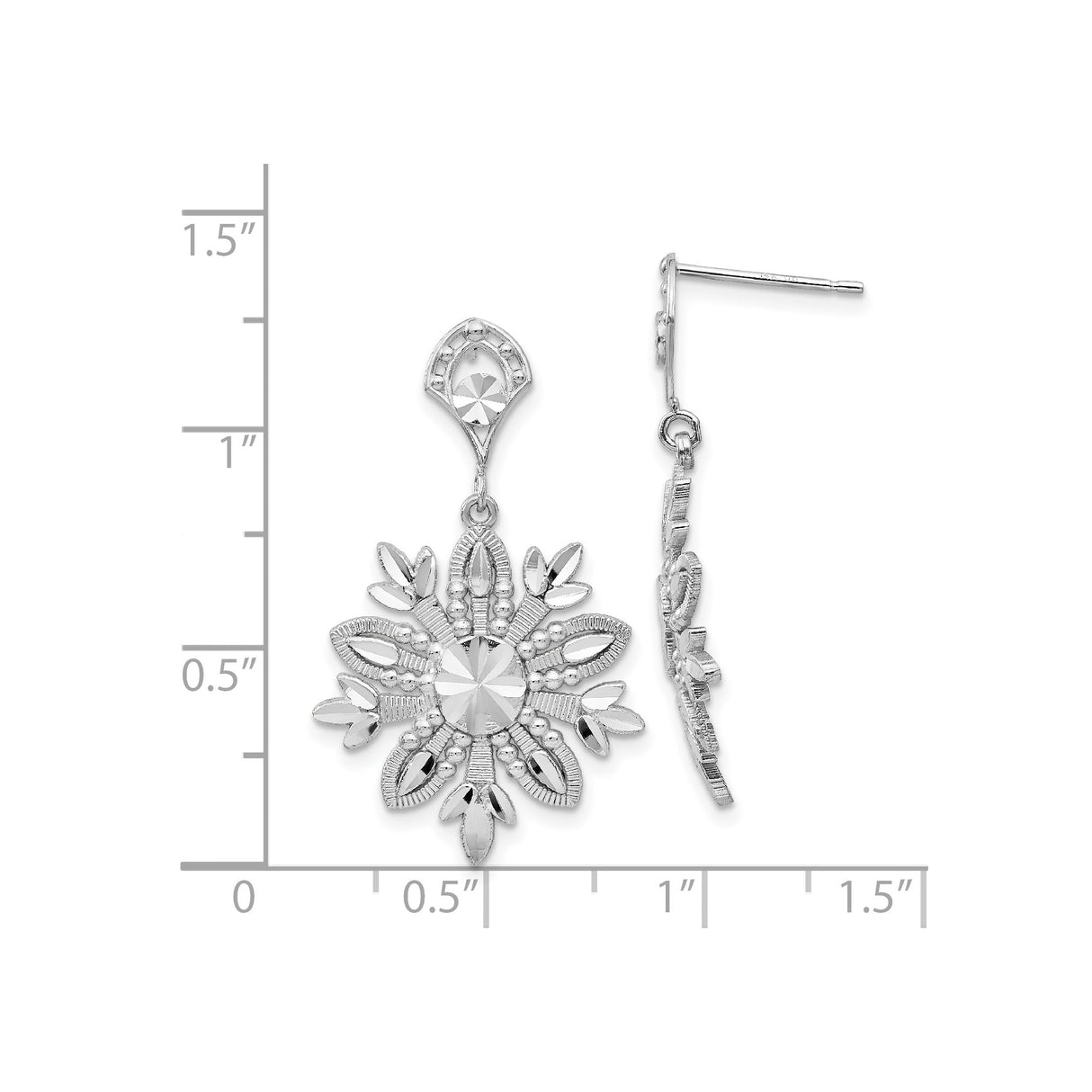 14k White Gold Drop Earrings with Floral Snowflake Design and Textured Details