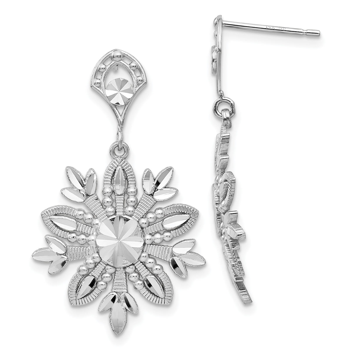 14k White Gold Drop Earrings with Floral Snowflake Design and Textured Details