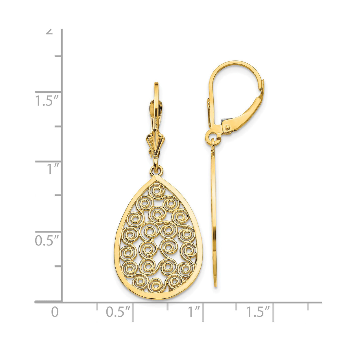 14k Yellow Gold Teardrop Dangle Earrings with Swirling Filigree Openwork Design