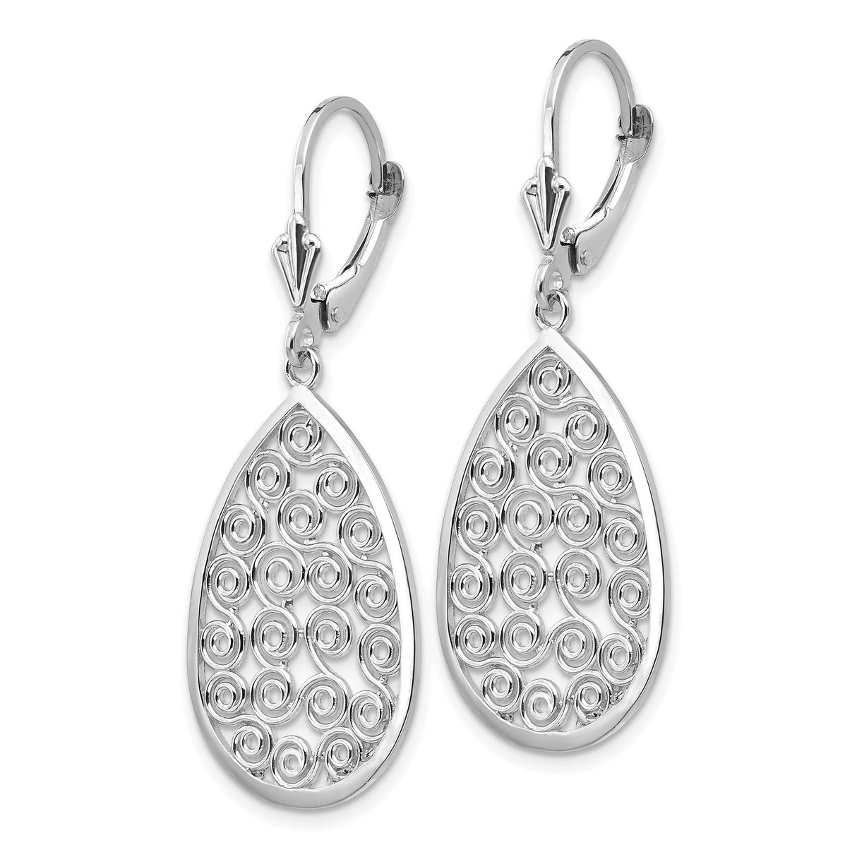 14k White Gold Dangle Earrings with Teardrop Swirl Filigree Design Leverback Style