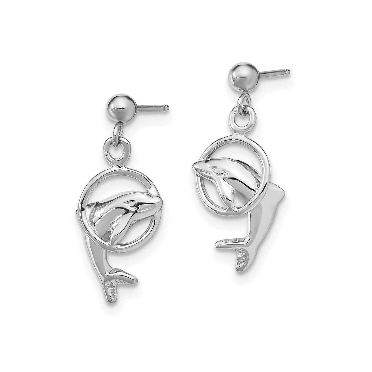 14k White Gold Dolphin Dangle Stud Earrings with Circle Frame Design